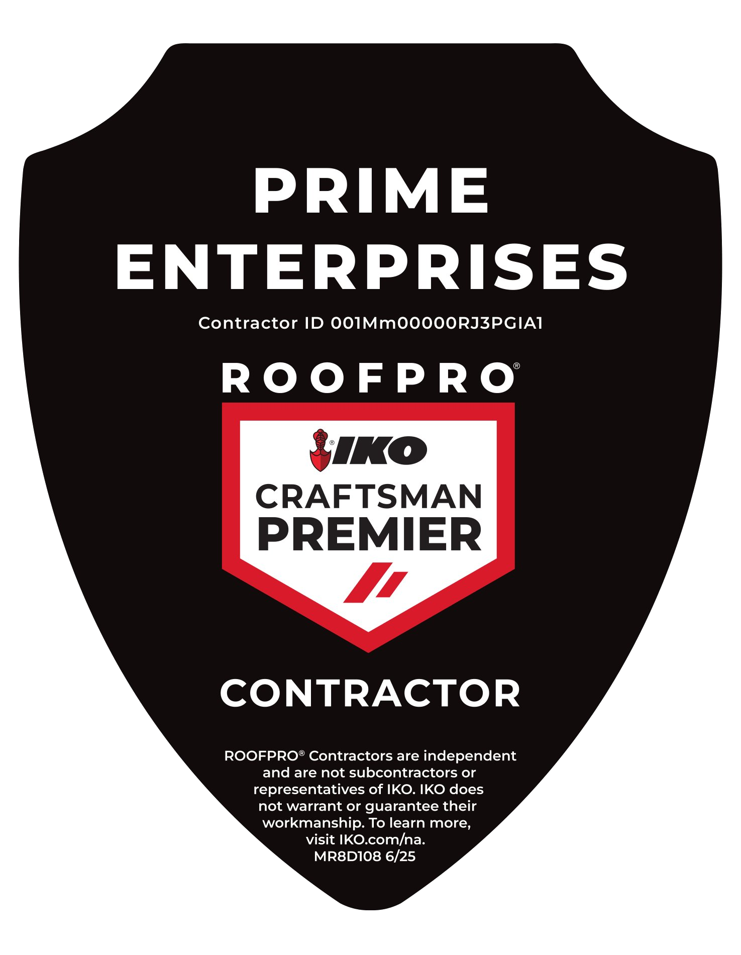 Prime Enterprises IKO ROOFPRO Craftsman Premier Certified Contractor Badge