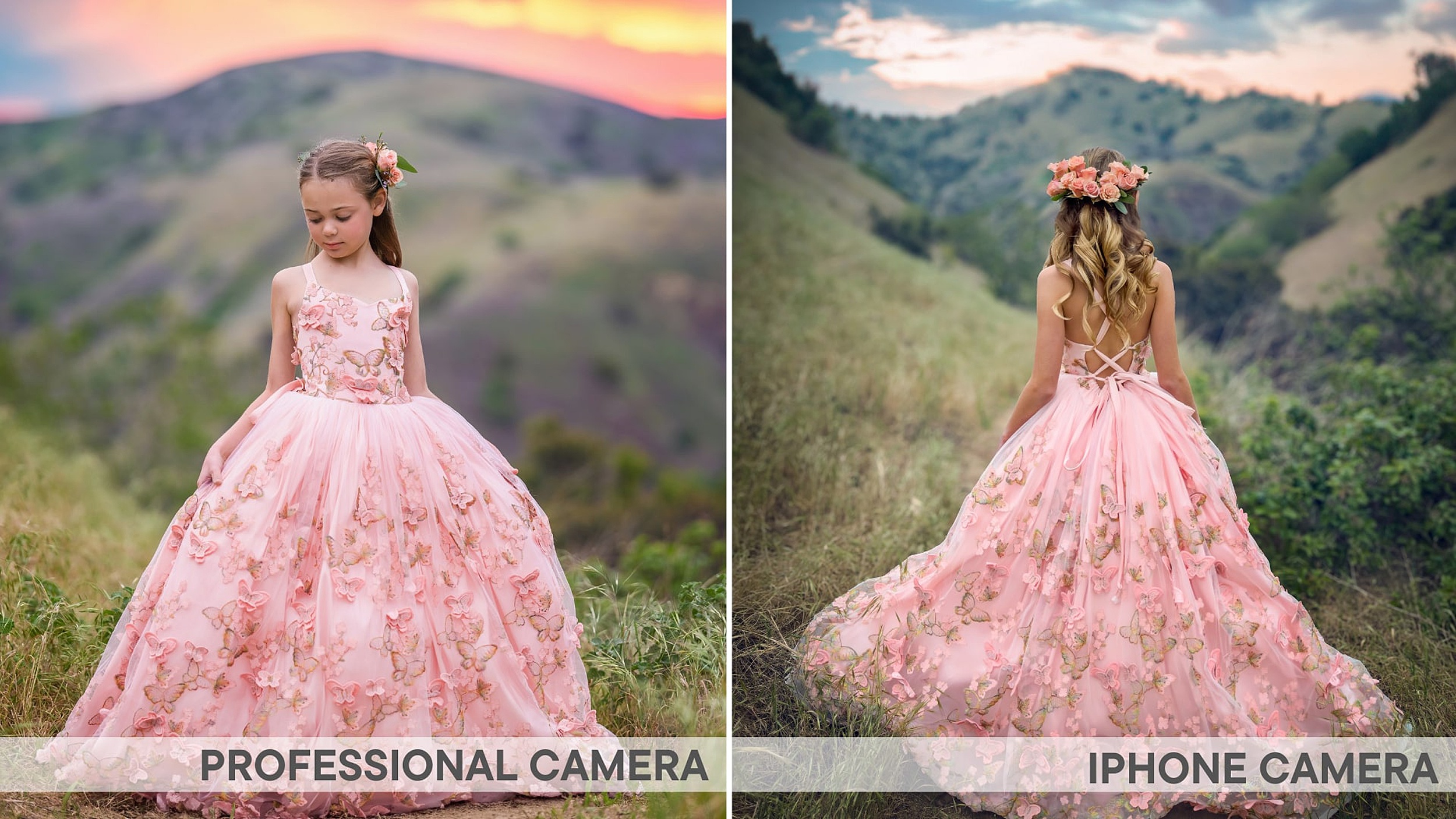 Side by side images comparing RAW iPhone Photos of a girl in a pink princess gown on a mountain