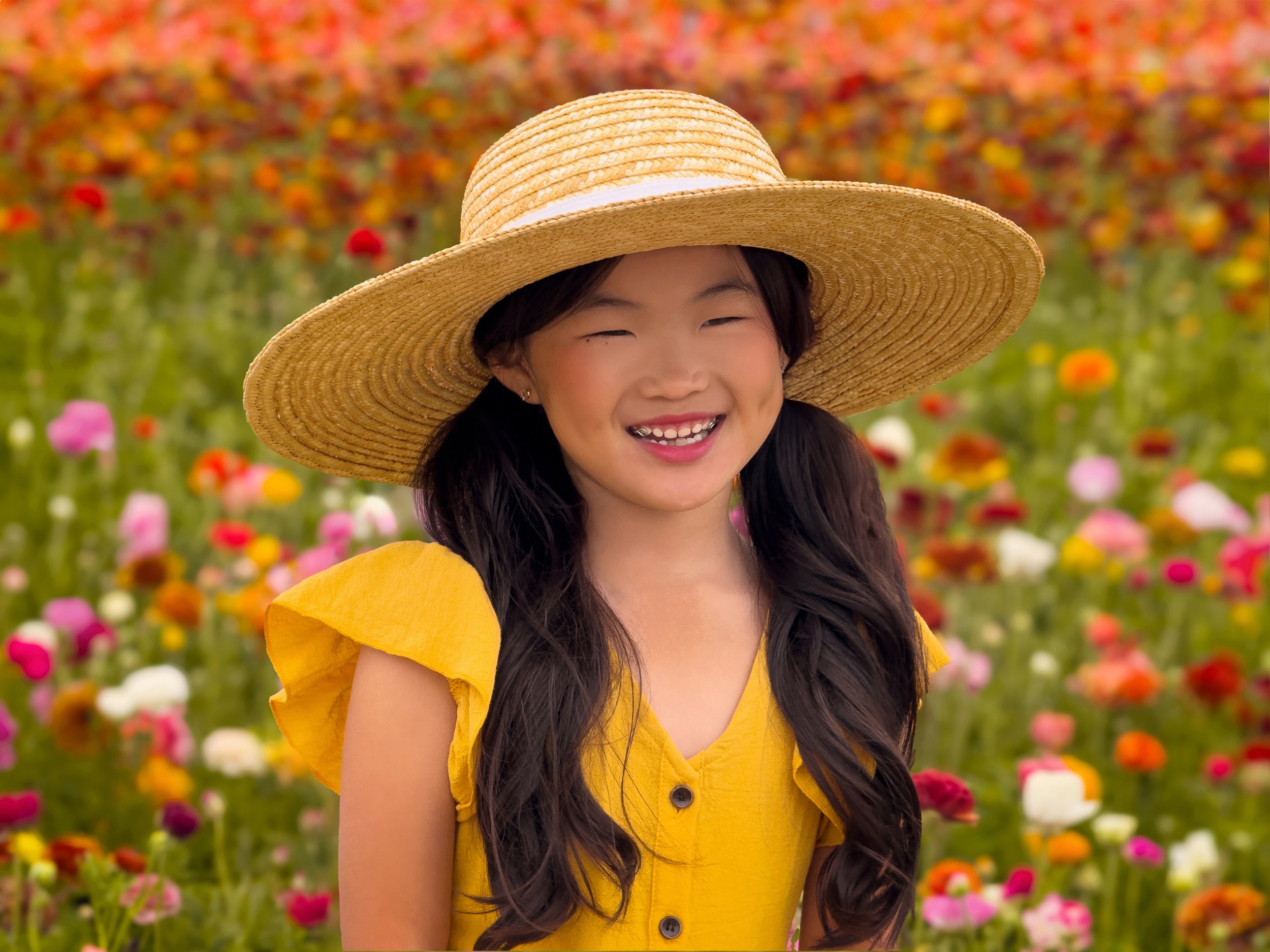 A happy young girl in a yellow dress and big hat smiles while in a field of colorful flowers thanks to iPhone Photography Editing