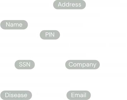 Illustration af tekst med markerede følsomme persondatafelter: Adresse, Navn, PIN, CPR-nummer, Firma, Sygdom, Email.