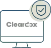 Computerskærm med teksten "Cleardox" og et skjold med et flueben over.