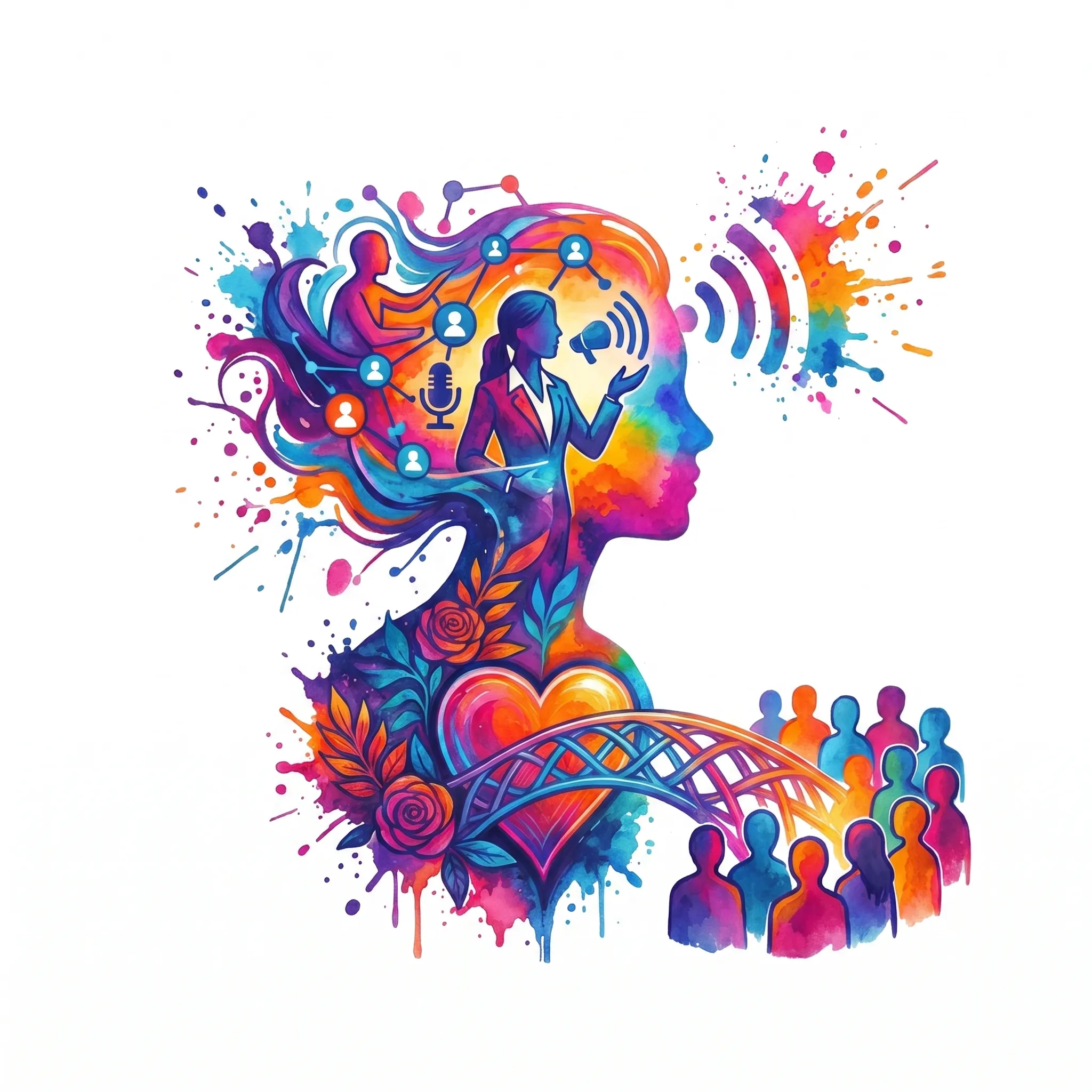 Bunte Aquarell-Illustration: Profil einer Frau, die in ein Megafon spricht, die Stimme strahlt als Farbwelle zu einem Publikum