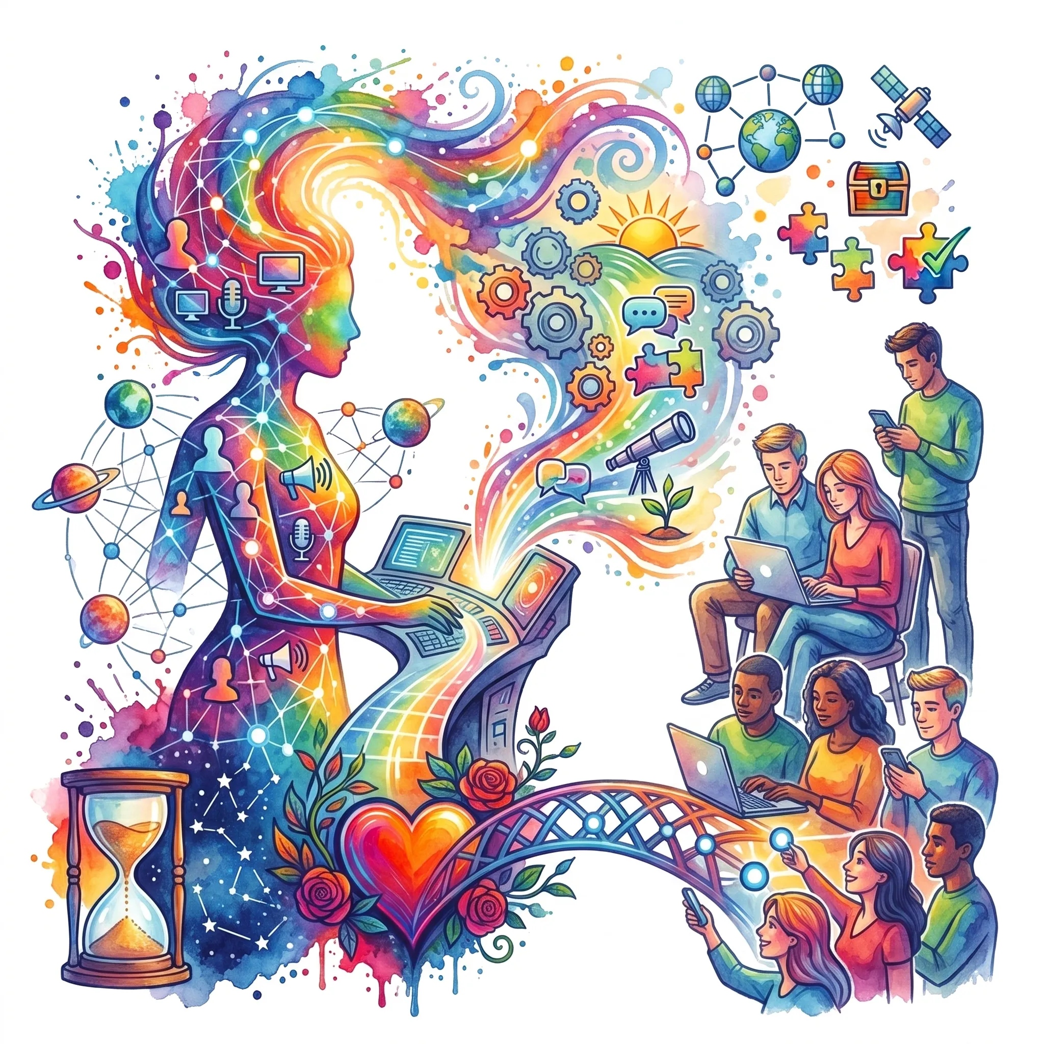 Aquarell-Illustration: vernetzte Sprecherin am Laptop, Weltkugeln und Menschen an Bildschirmen als Sinnbild fuer Reichweite