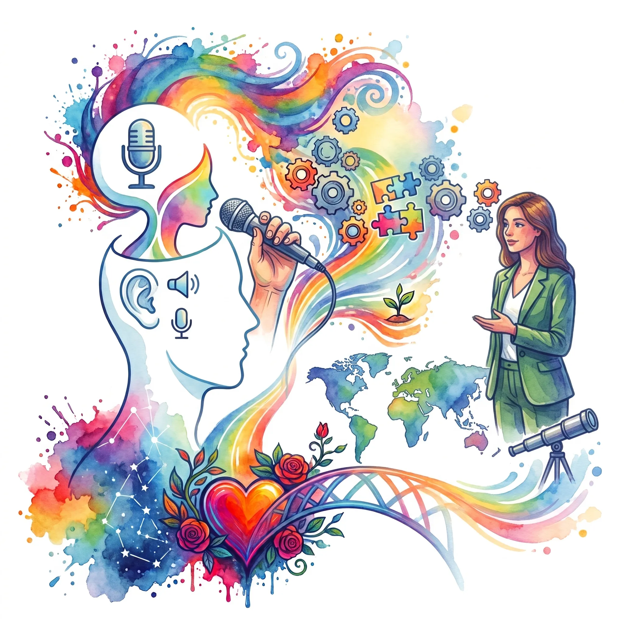 Aquarell-Illustration: Uebung am Mikrofon mit Zahnraedern, Puzzleteilen und Coachin als Sinnbild fuer Vorbereitung