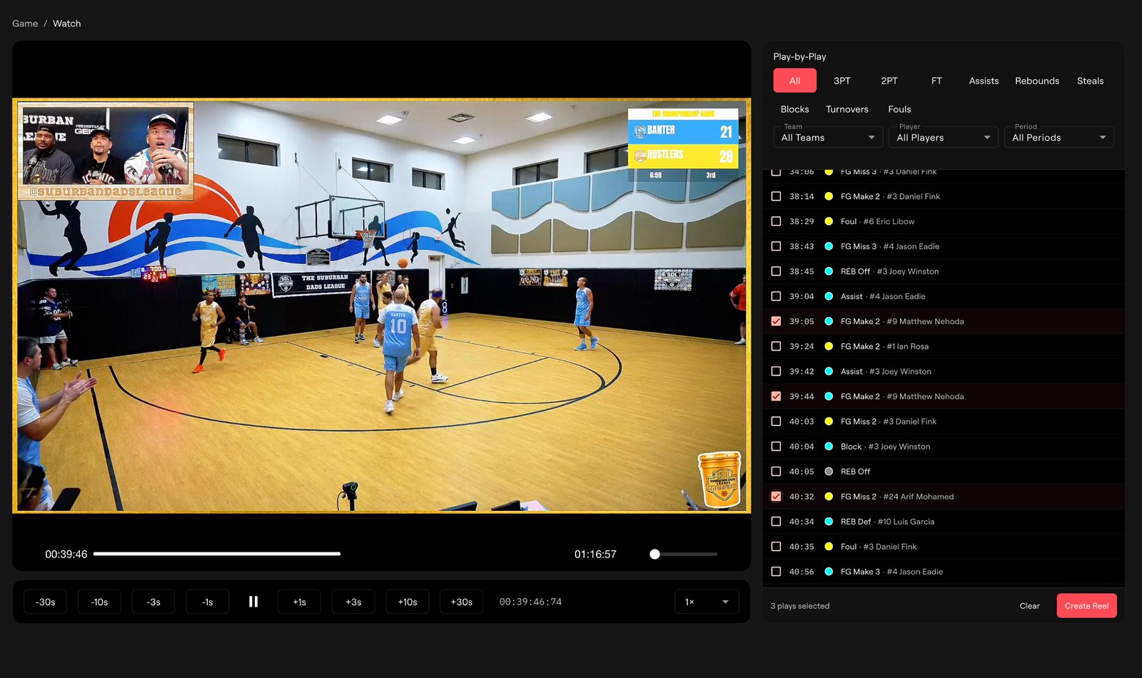 Game Watch with rewind controls, filtered play-by-play and Create Reel