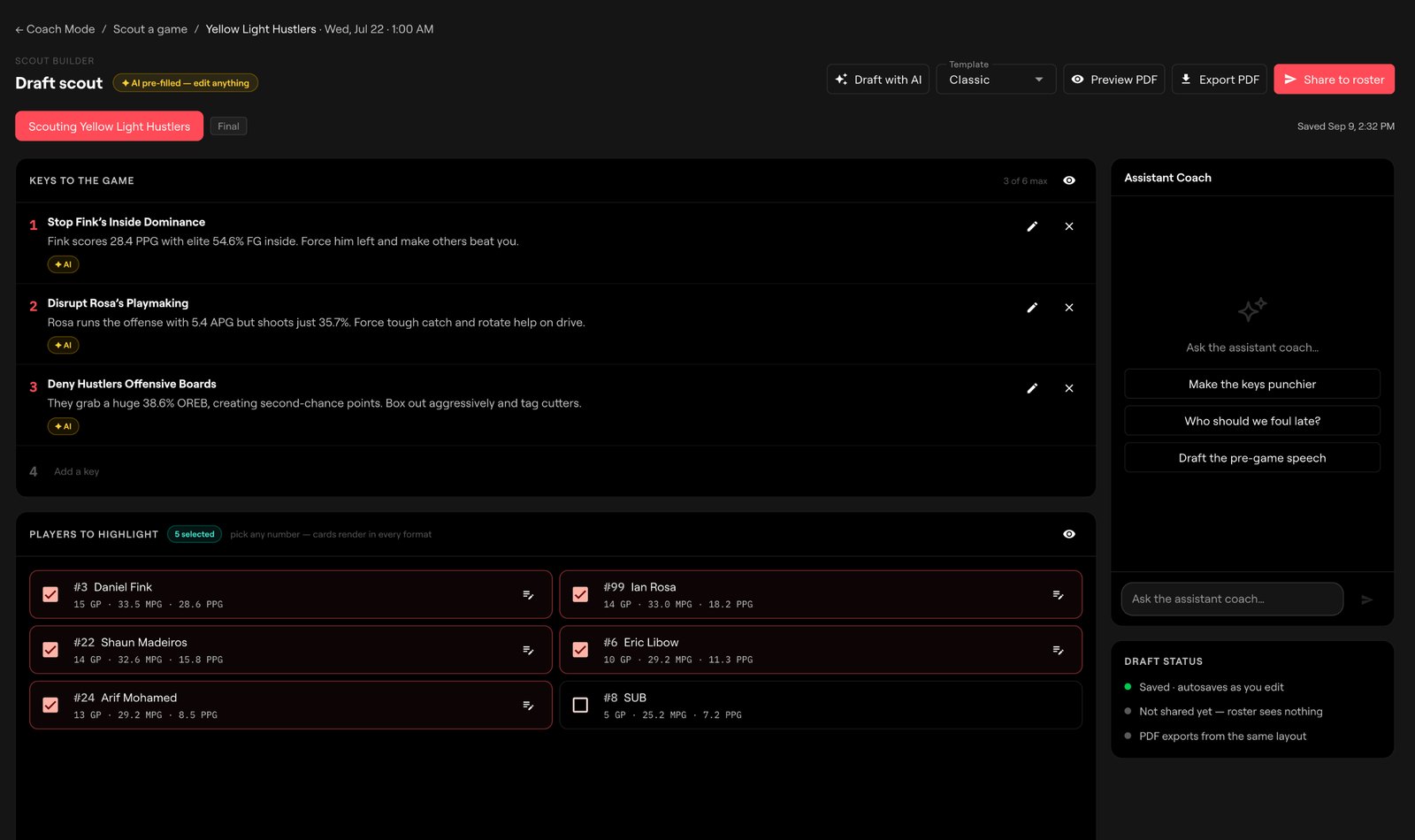 AI-drafted scouting report with keys to the game and players to highlight