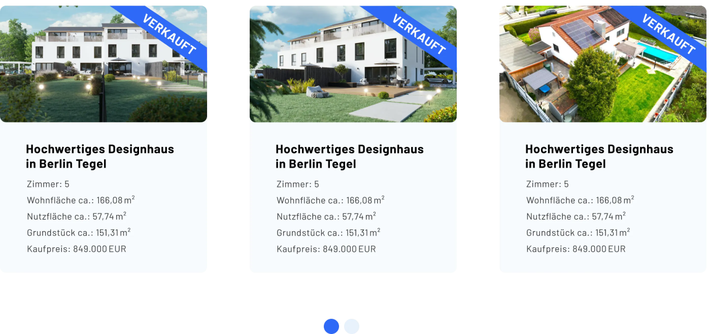 Drei hochwertige Designhäuser in Berlin Tegel mit fünf Zimmern, jeweils verkauft, mit ca. 166 m² Wohnfläche, 57,74 m² Nutzfläche und 151,31 m² Grundstück, Kaufpreis 849.000 EUR.