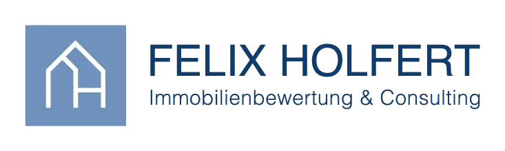 Logo von Felix Holfert Immobilienbewertung & Consulting mit stilisiertem Haus in blauem Quadrat.