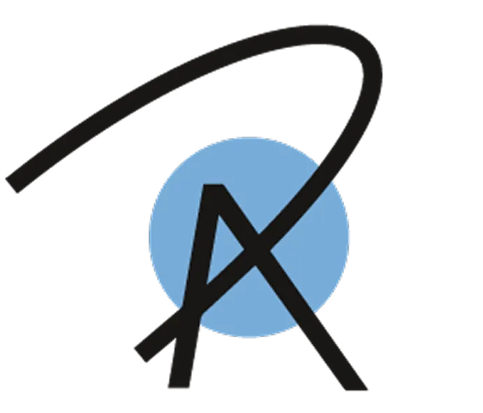 Schwarzes abstraktes Symbol über einem blauen Kreis.