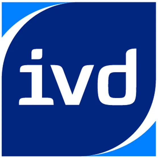 Blaues Quadrat mit weißer Schrift 'ivd' und hellblauen Kurven in den Ecken.