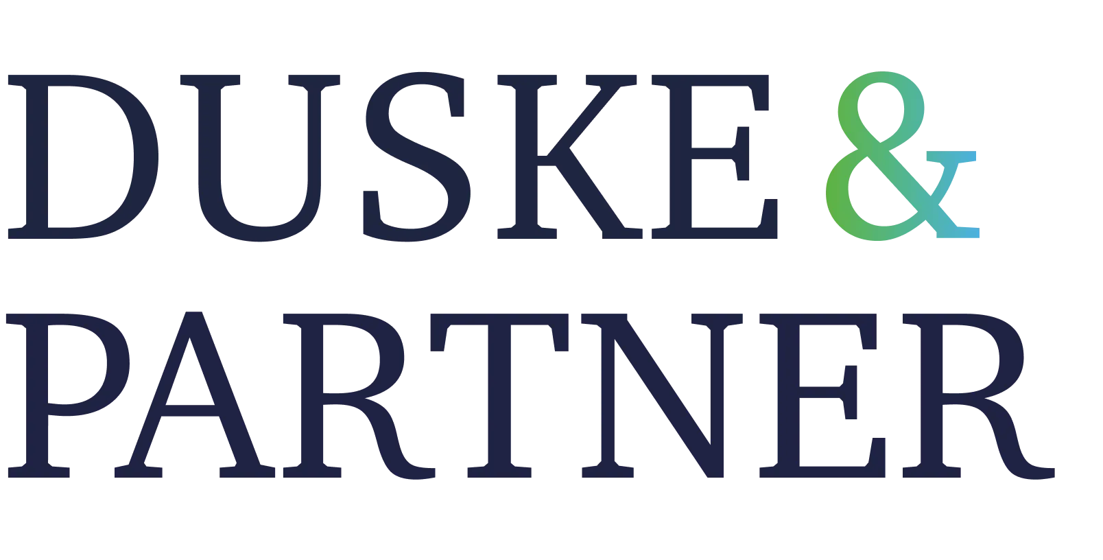 Textlogo mit den Worten 'DUSKE & PARTNER', wobei das '&' grün-blau verläuft.