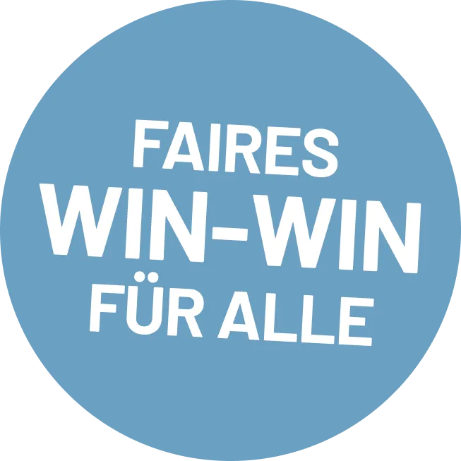 Blauer Kreis mit weißem Text: Faires Win-Win für alle.