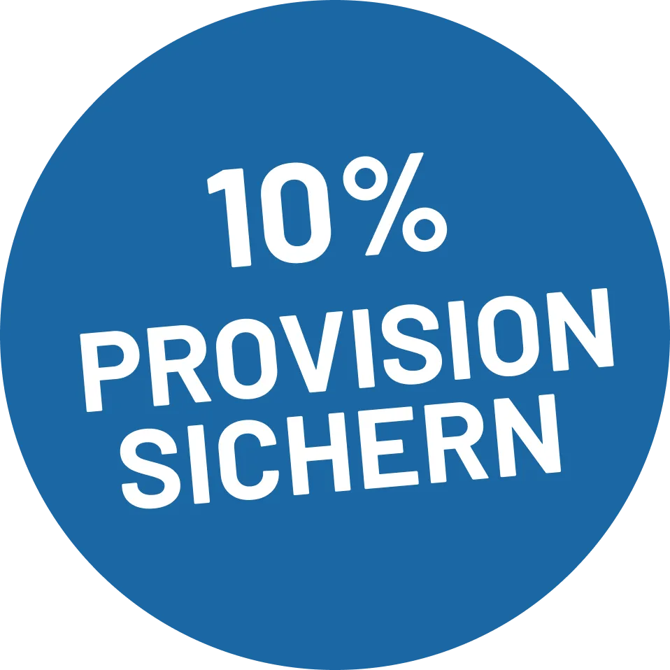 Blauer Kreis mit weißem Text: 10% Provision sichern.