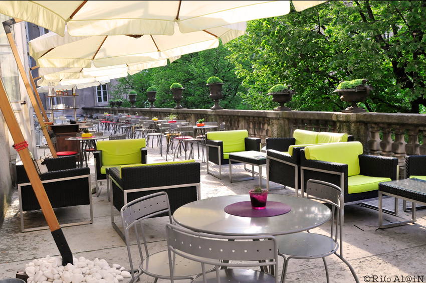 Terrasse donnant sur un parc avec des fauteuil