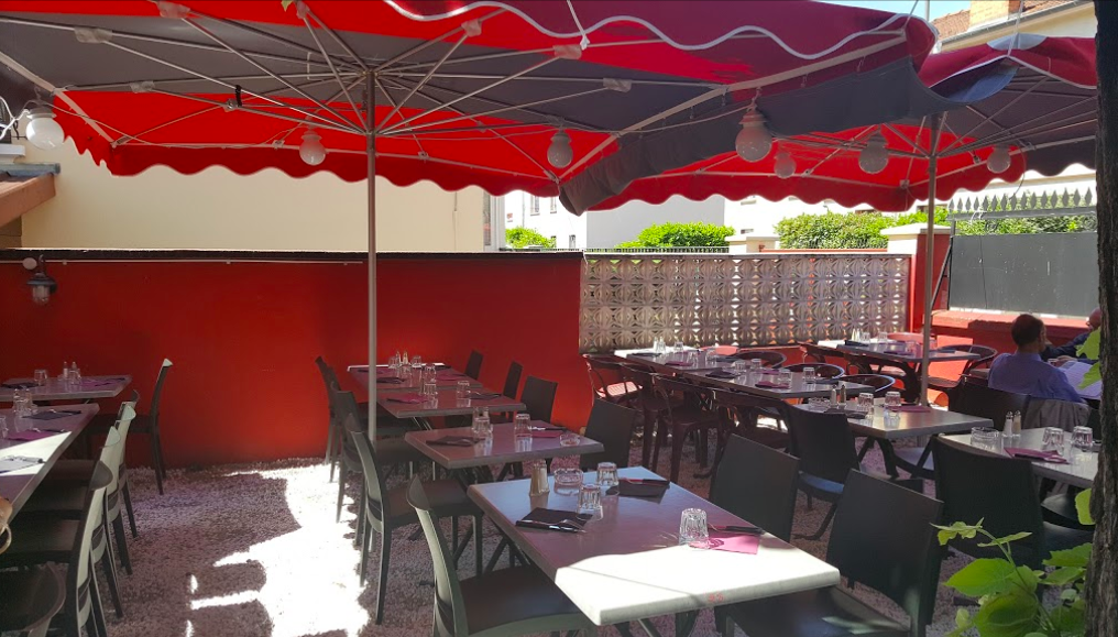 Terrasse, pizzeria, soleil, parasol