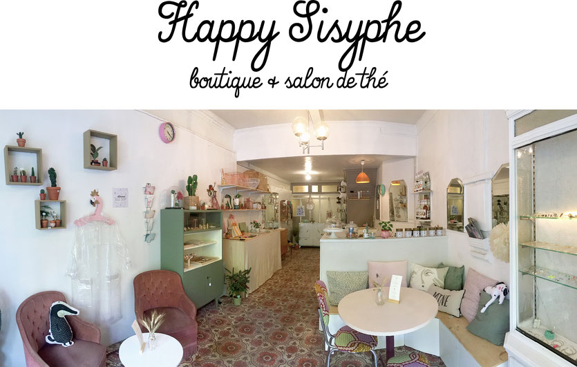 intérieur de la boutique happy Sisiphe. Coin salon de thé