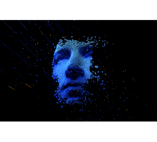 Illustration: A human face constructed from pixels, symbolizing an innovative approach to customer experiences.