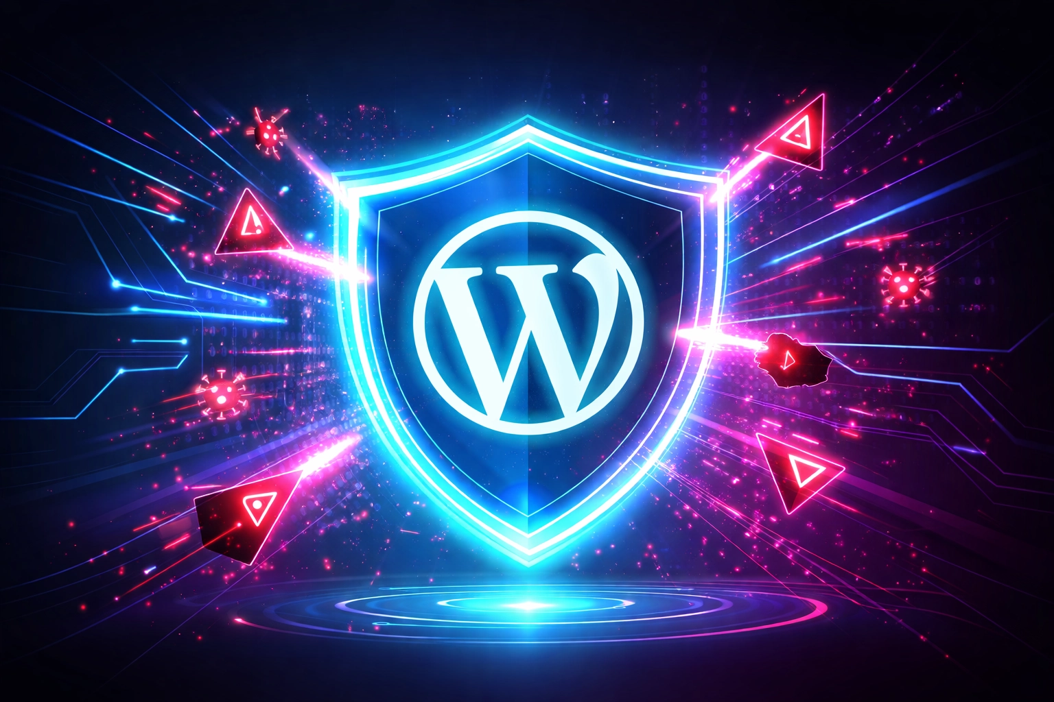 WordPress security shield protecting website from cyber threats and hacking attempts