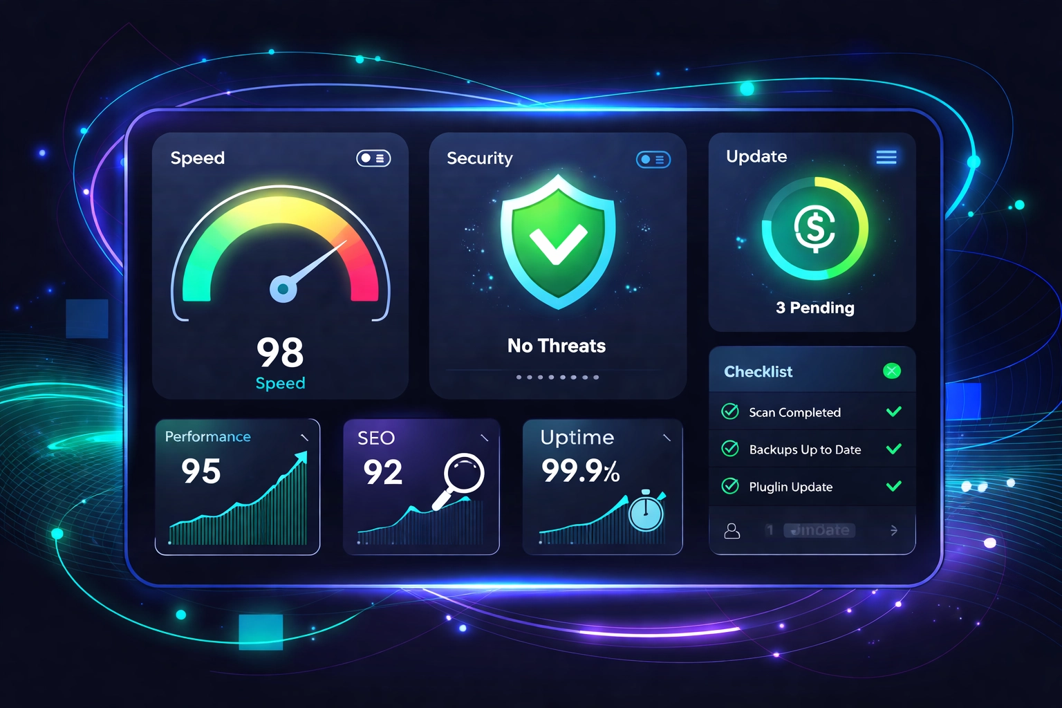 WordPress maintenance dashboard monitoring website health and performance metrics