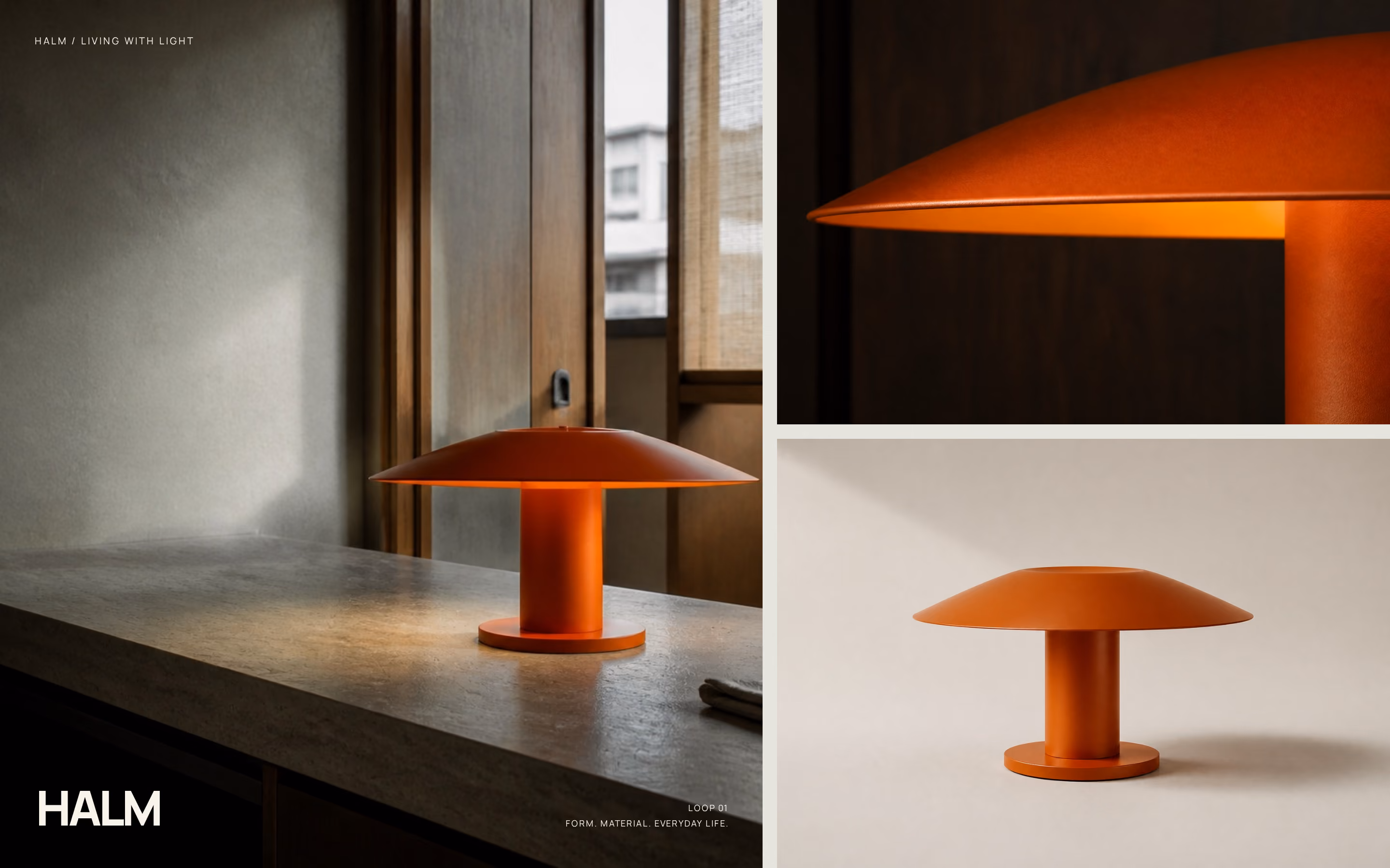 A modern orange table lamp with a wide, flat, dome-shaped shade and cylindrical base shown in three views: lit on a countertop near a window, close-up of illuminated shade edge, and unlit against a plain background.
