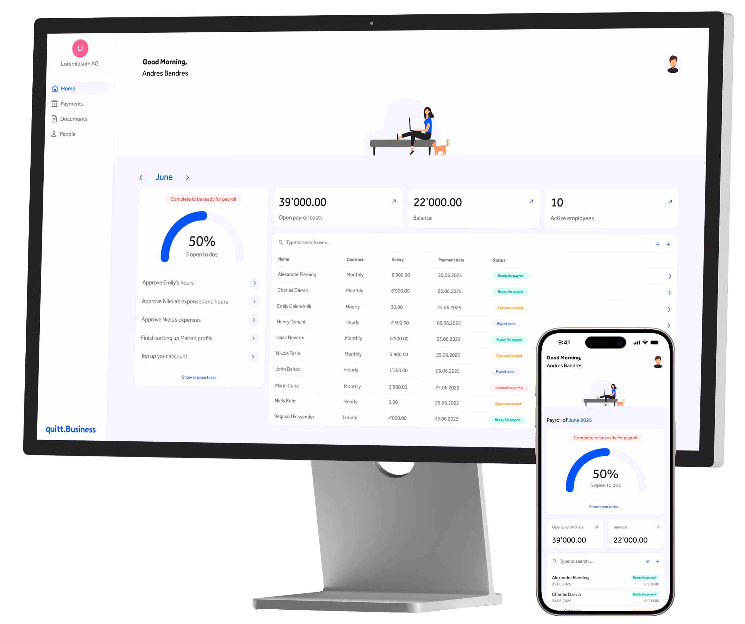 Payroll dashboard from the quinn app