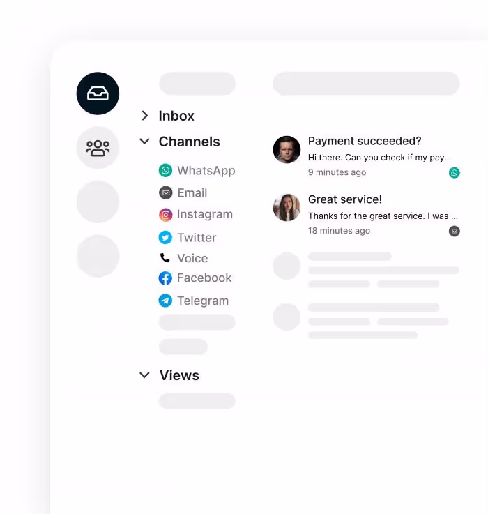 Un exemple de boîte de réception avec des conversations WhatsApp et des messages électroniques.