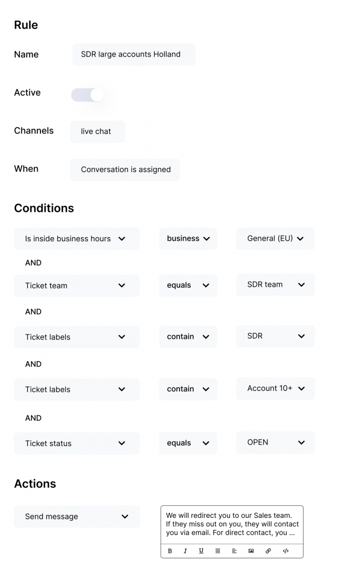 Bearbeite Live-Chat-Konversationen automatisch weiter.