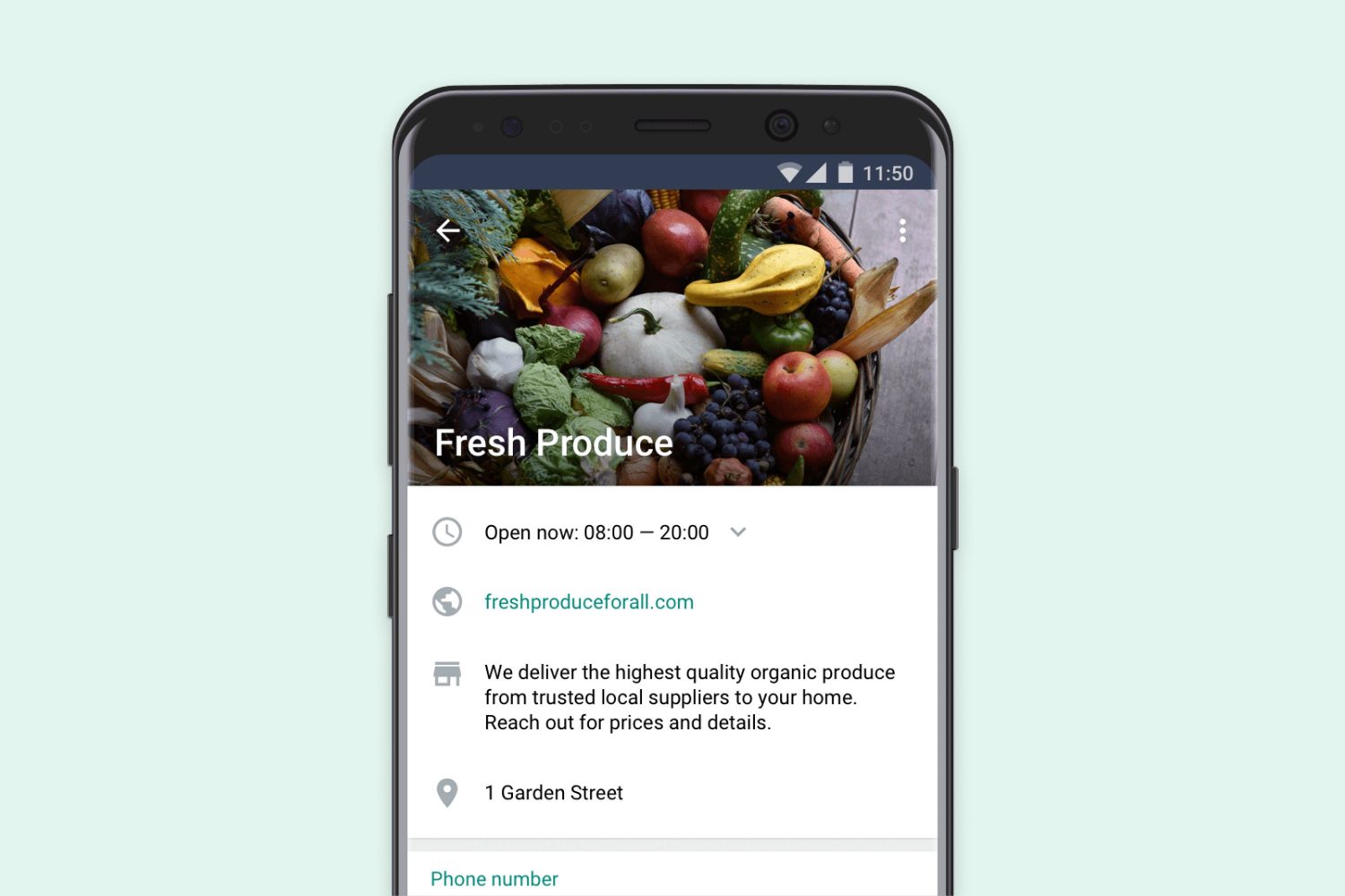 Een voorbeeld van een WhatsApp Business profiel van een merk genaamd Fresh Produce.