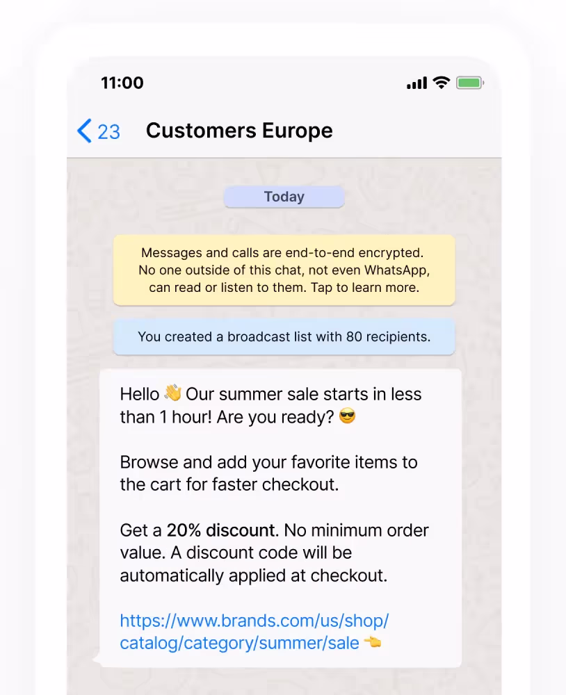 Eine WhatsApp Nachricht mit einem Rabattcode für schnelle WhatsApp Termine