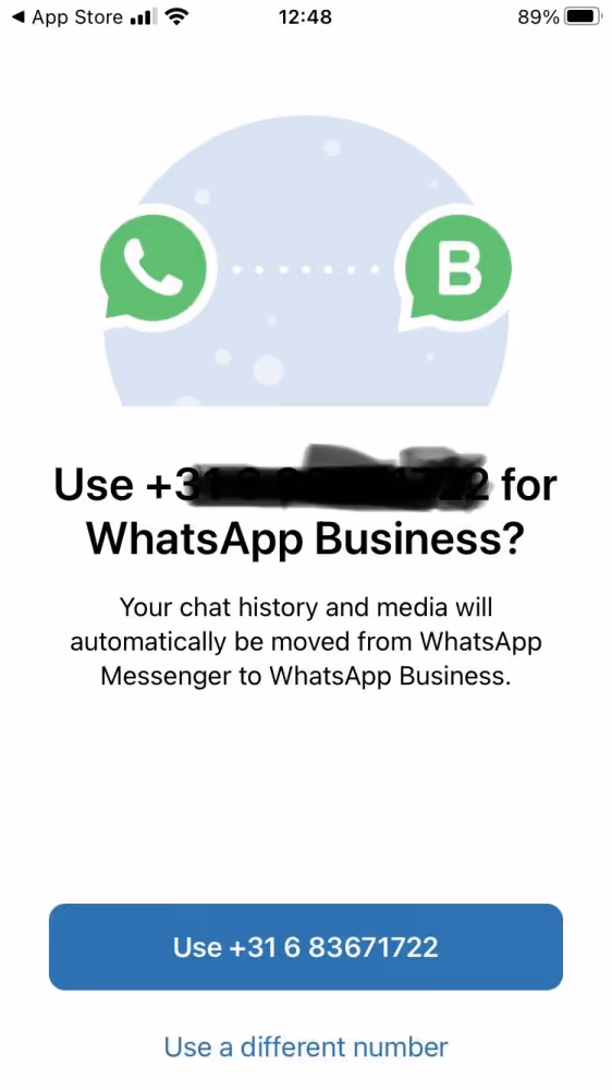 Clique sur "utiliser un autre numéro" pour utiliser WhatsApp Business avec un numéro de téléphone fixe.