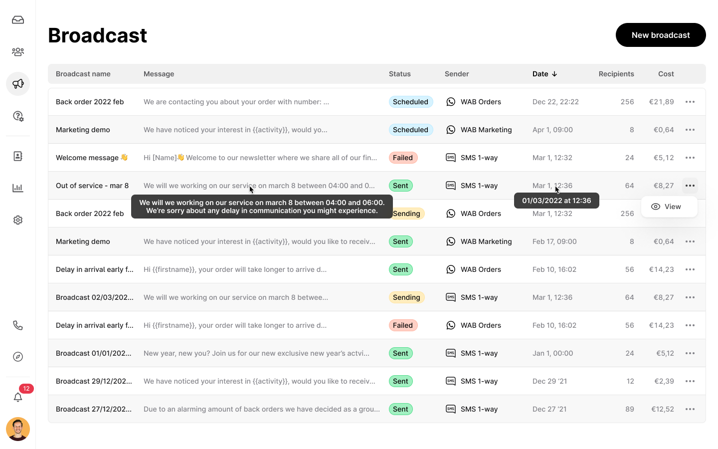 Tableau de bord des messages blast de WhatsApp