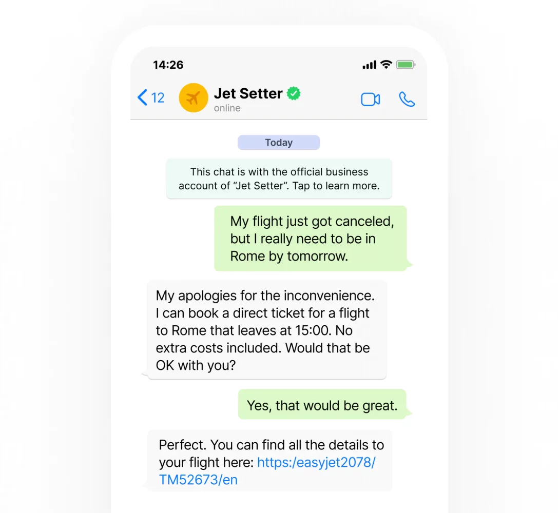 Una conversación de WhatsApp en la que un cliente recibe ayuda de una agencia de viajes.