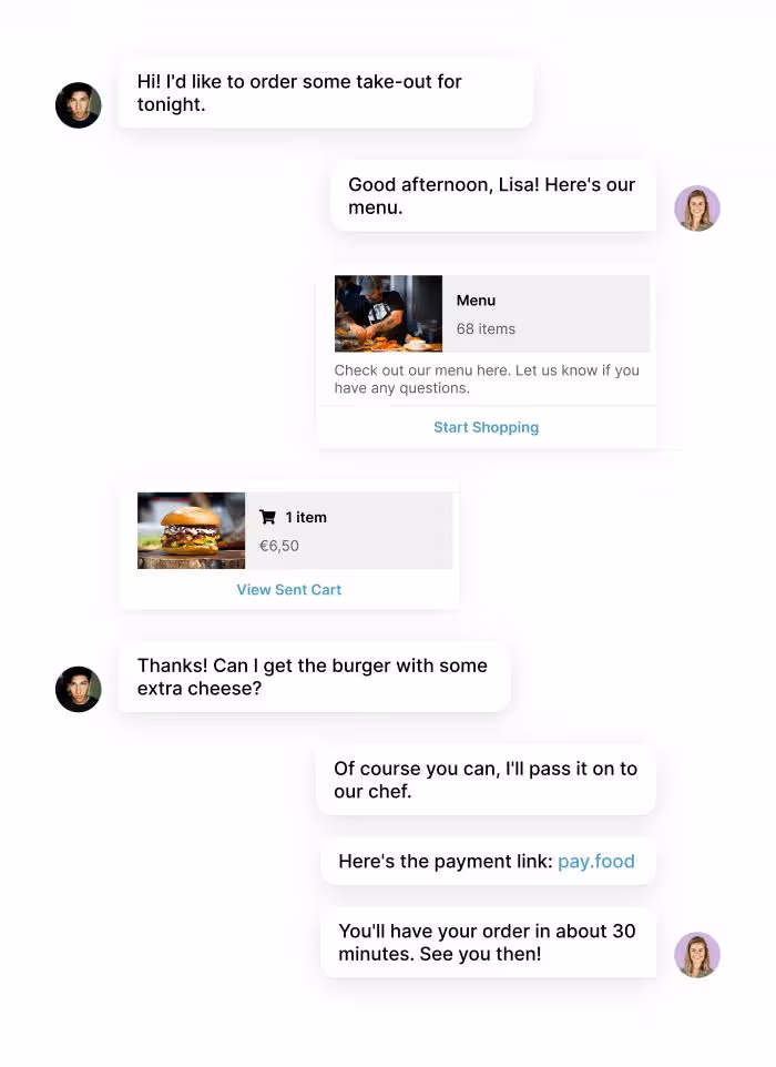 Een voorbeeld van een WhatsApp productbericht voor restaurants.