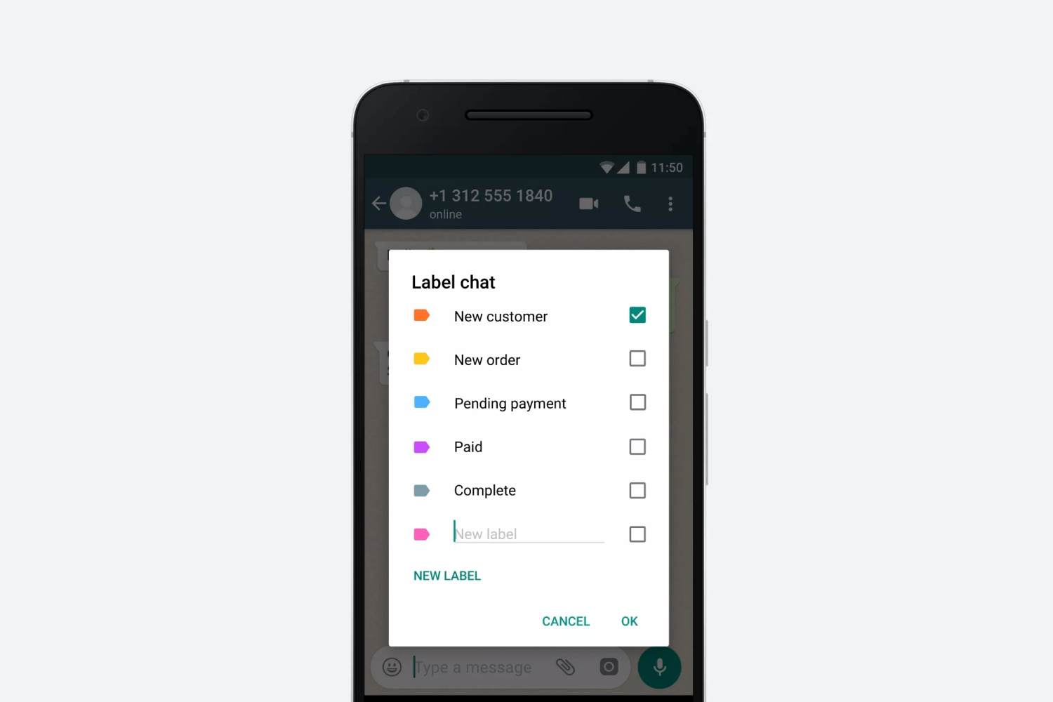 The label lay-out in the regular WhatsApp business application.