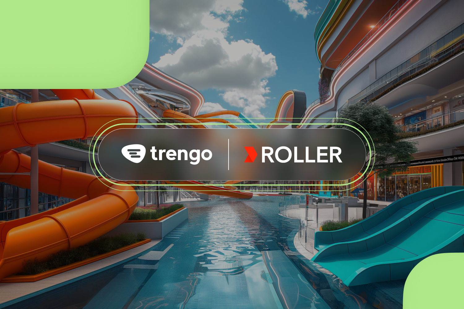 Trengo and Roller integration with water park background showing slides and pool