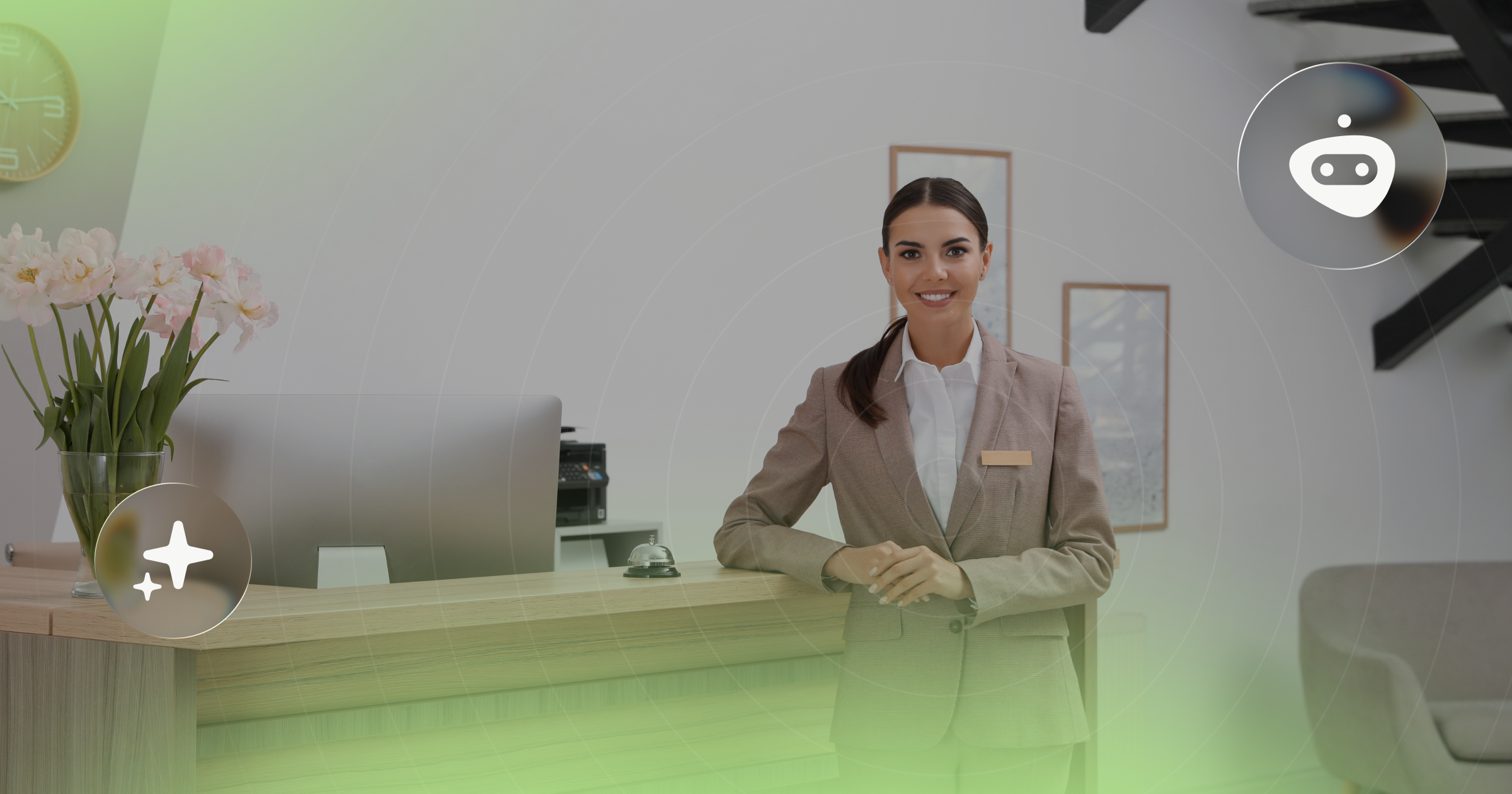 De receptie van het hotel begroet gasten hartelijk terwijl AI op de achtergrond telefoontjes afhandelt - samenwerking op het gebied van hospitality-technologie