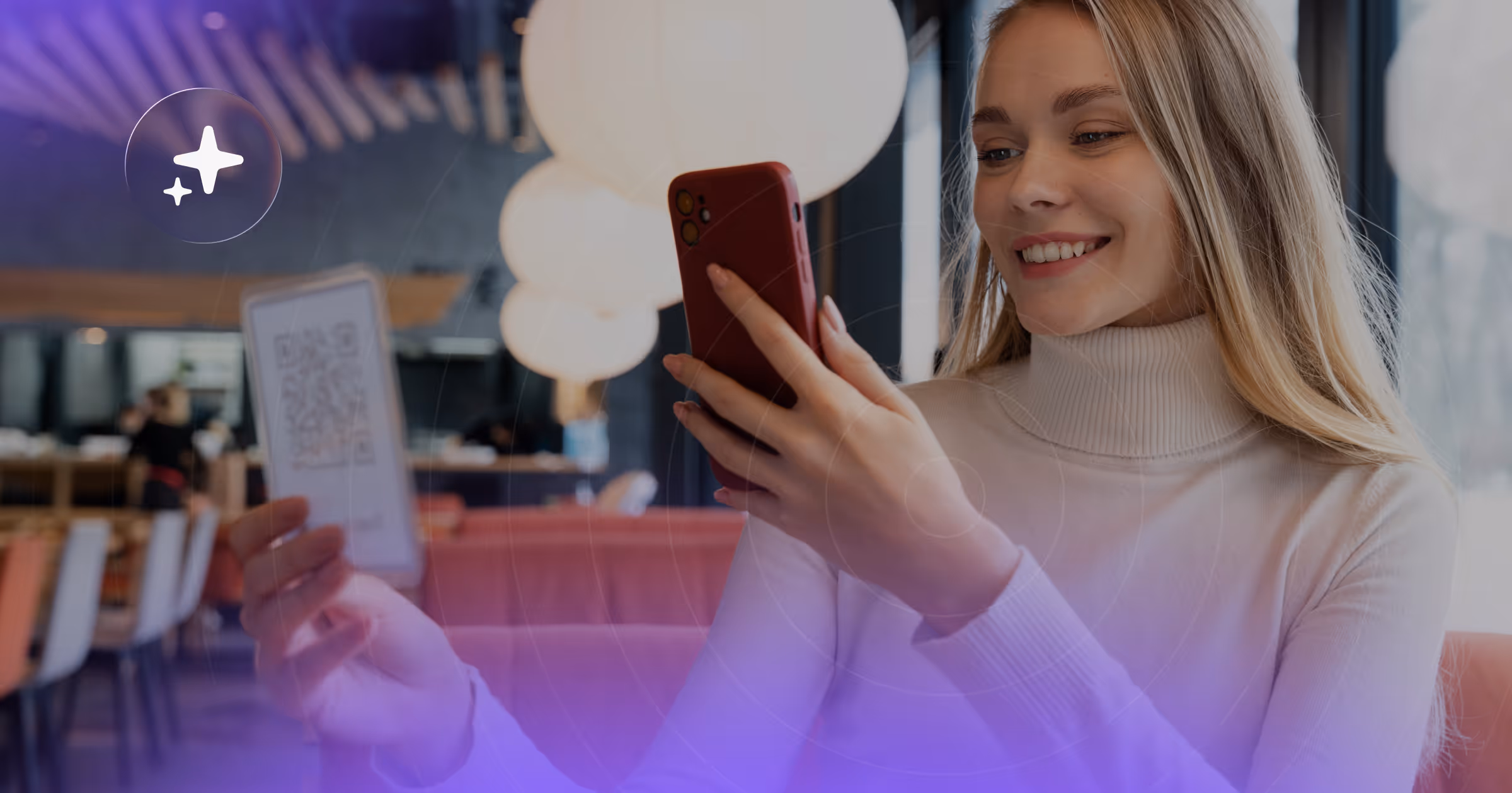 Happy hotel guest holding smartphone and booking confirmation in modern hotel lobby with purple ambient lighting - seamless digital hospitality experience