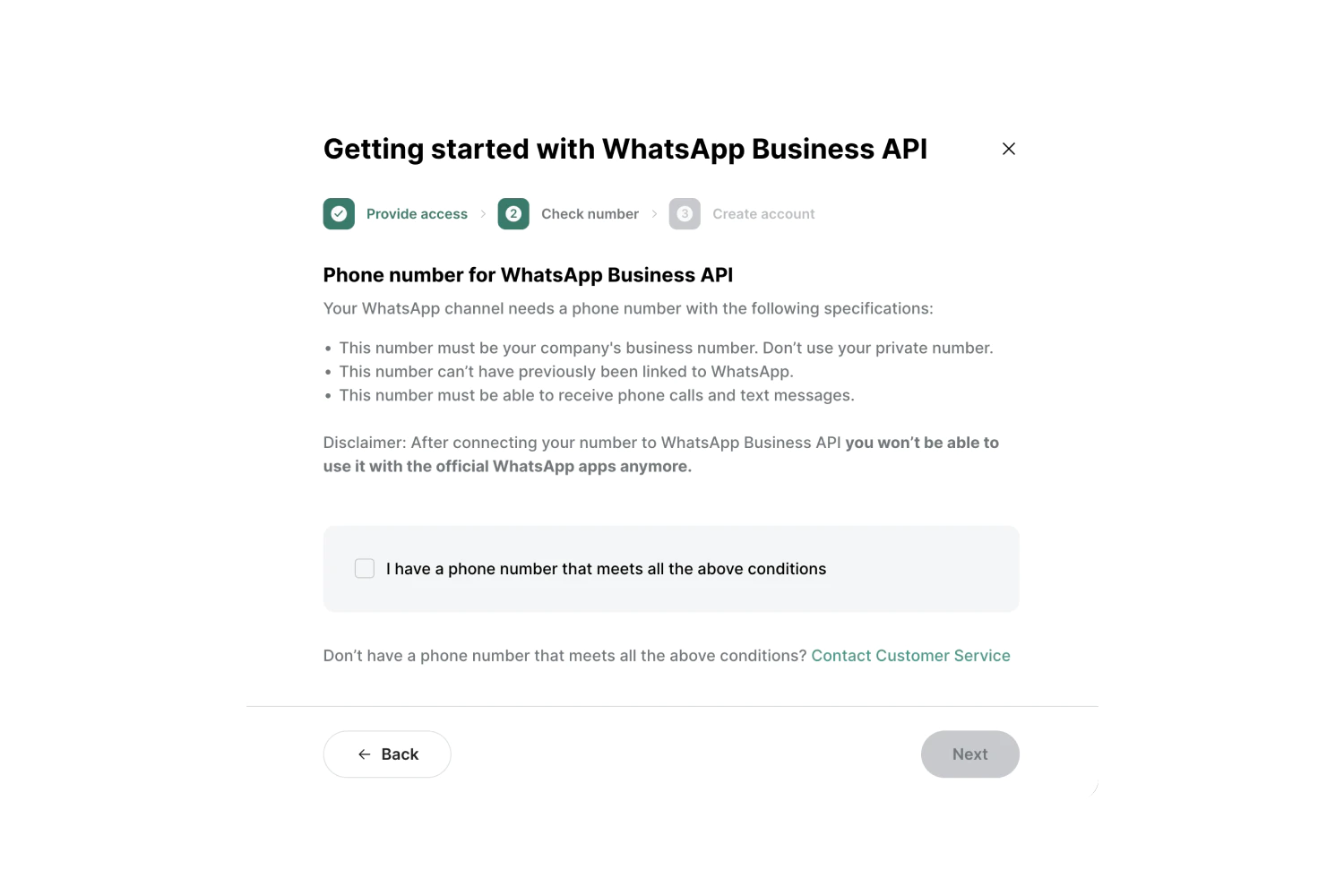 Screenshot of an interface related to the whatsapp business api, possibly during setup or integration