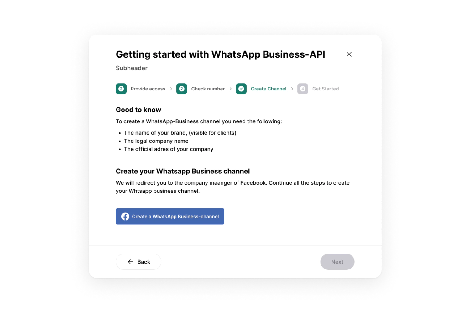 Screenshot of the whatsapp business api interface showing fields for adding company details