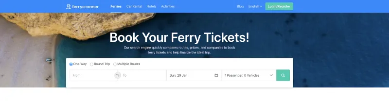 Página web de Ferryscanner para reservar billetes de ferry por Internet.