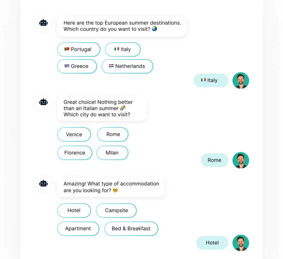 WhatsApp Business travel planning example: destinations, accommodation type.