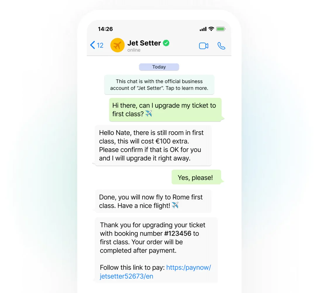 WhatsApp Business travel agency: Jet Setter chats upgrading ticket.
