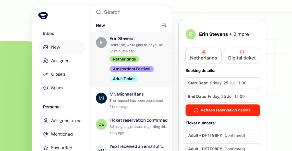 Trengo inbox interface showing new messages and ticket details.