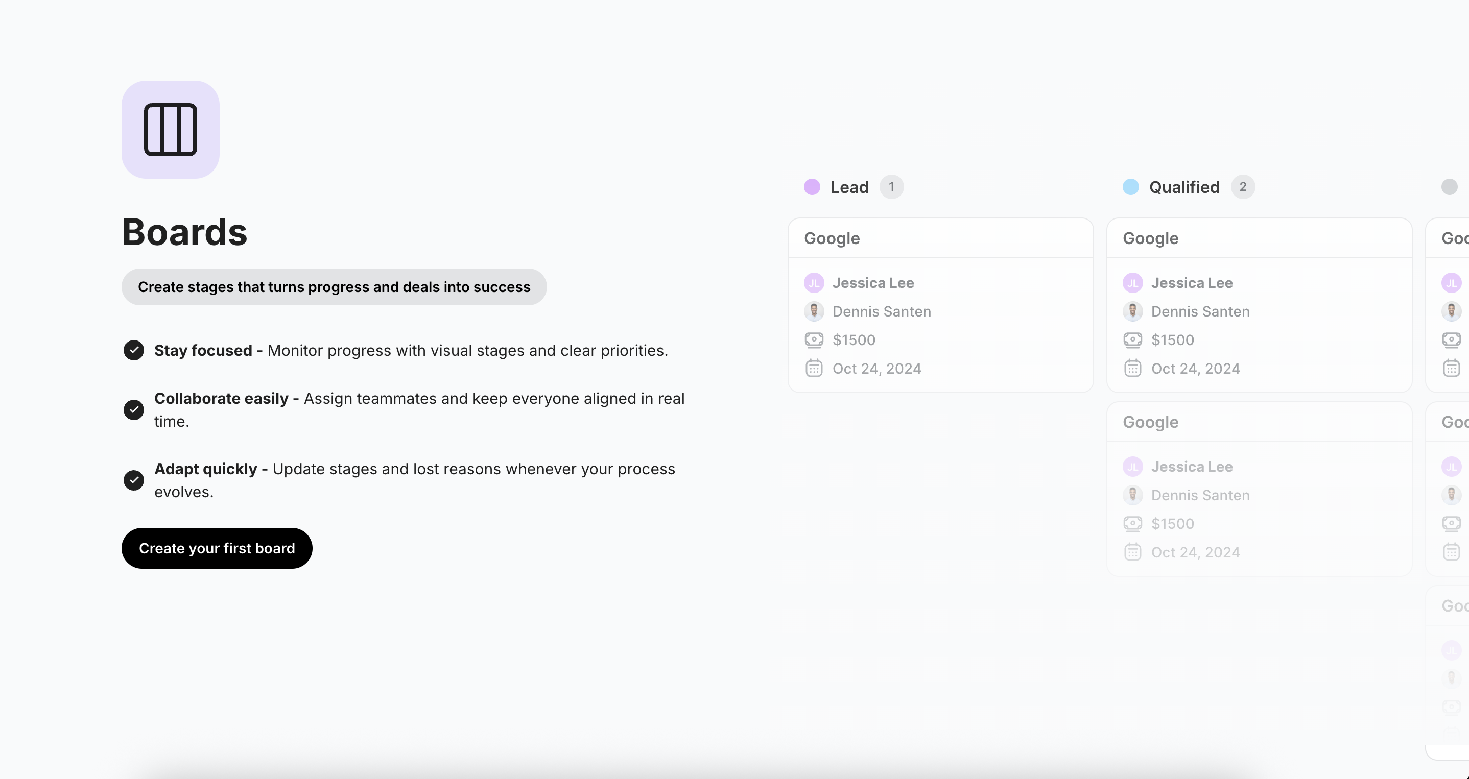 Trengo Boards: Sales CRM stages & tasks management.