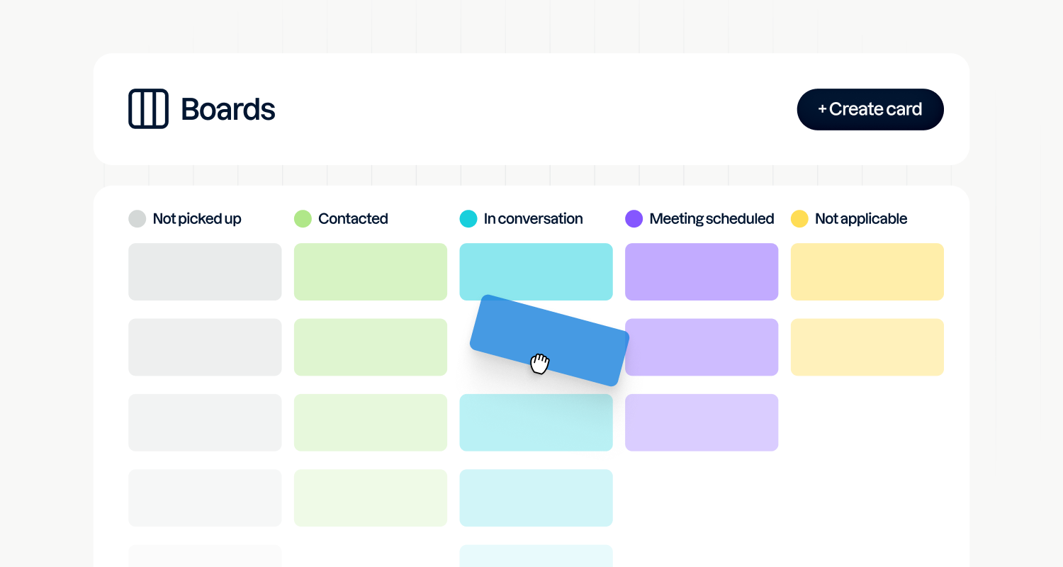Boards interface: connecting conversations to results with status cards.