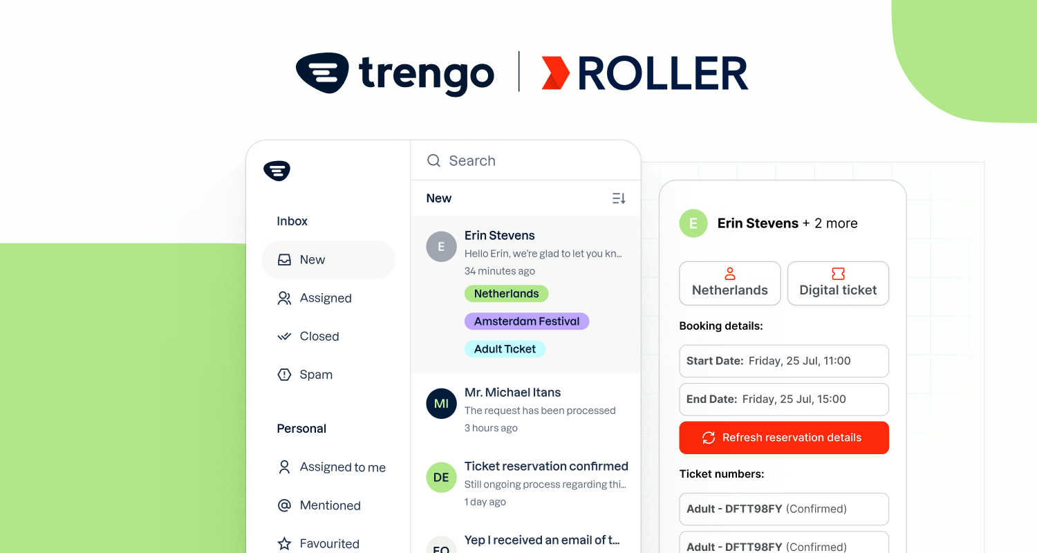 Trengo & Roller integration for attractions and entertainment venues showing email management.