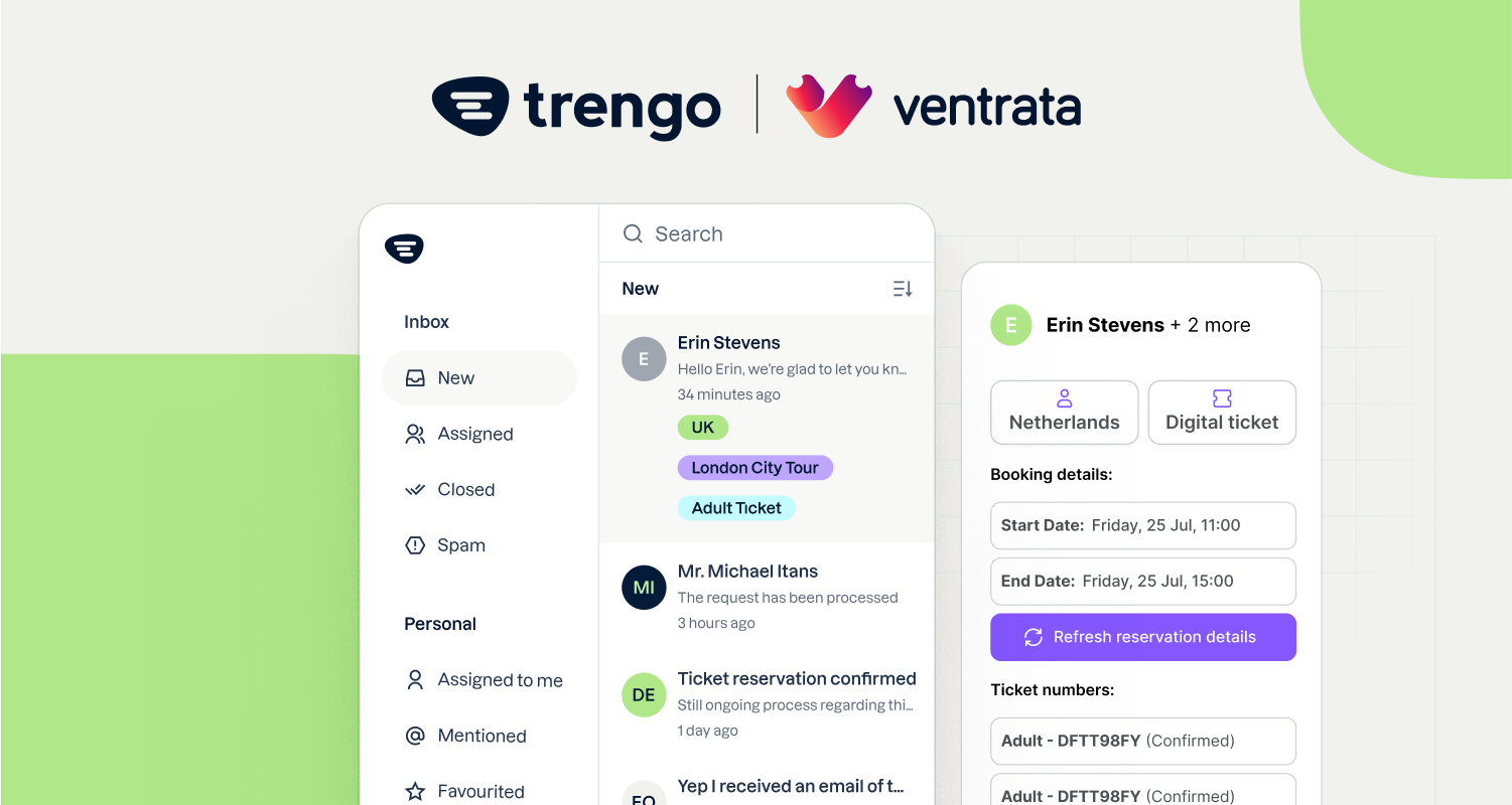 Trengo & Ventrata integration showing tour operator ticket and booking management.