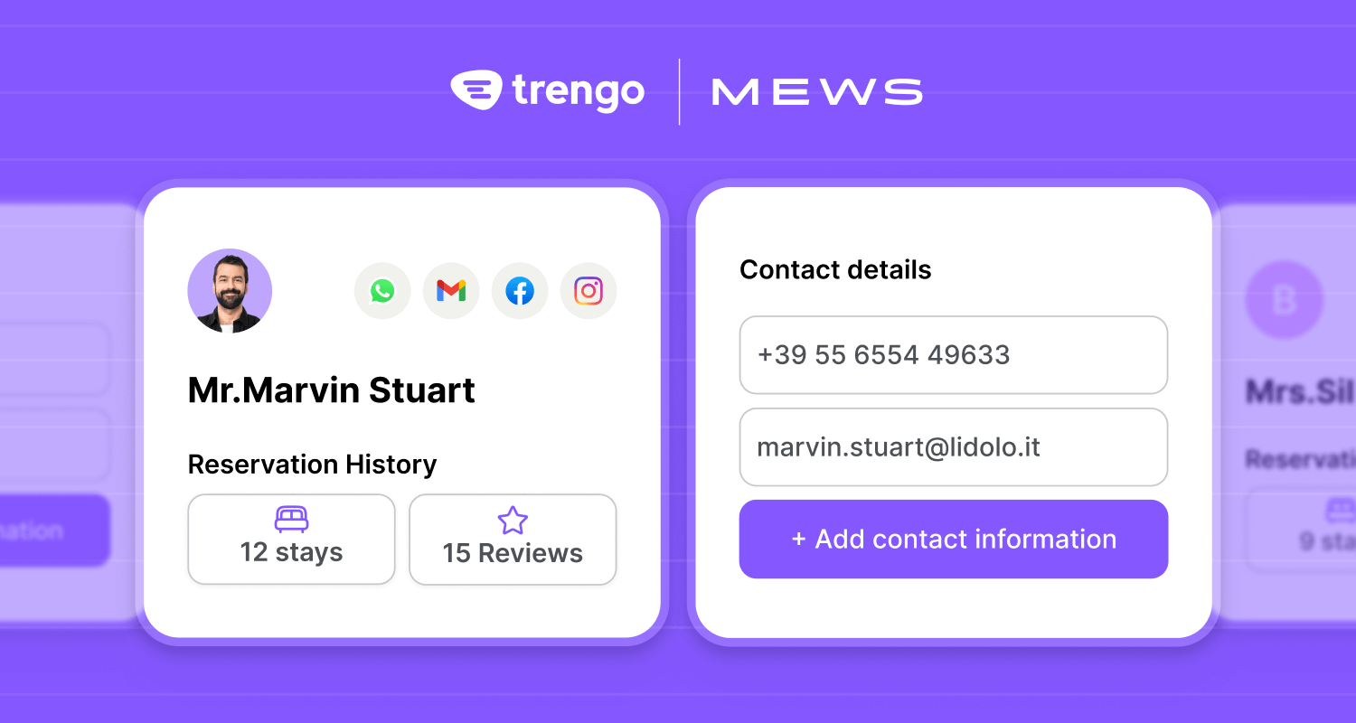Trengo x Mews integration: Customer profile with contact details and reservation history.