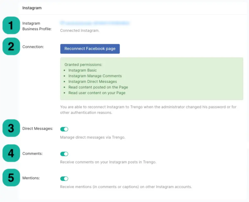 Instagram CRM settings showing connected business profile and permissions.