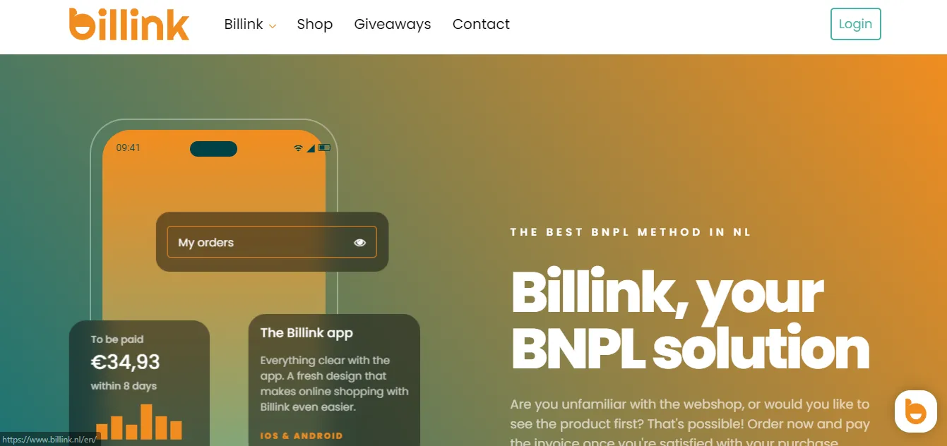 Billink BNPL app. Screenshot of Billink's user interface.